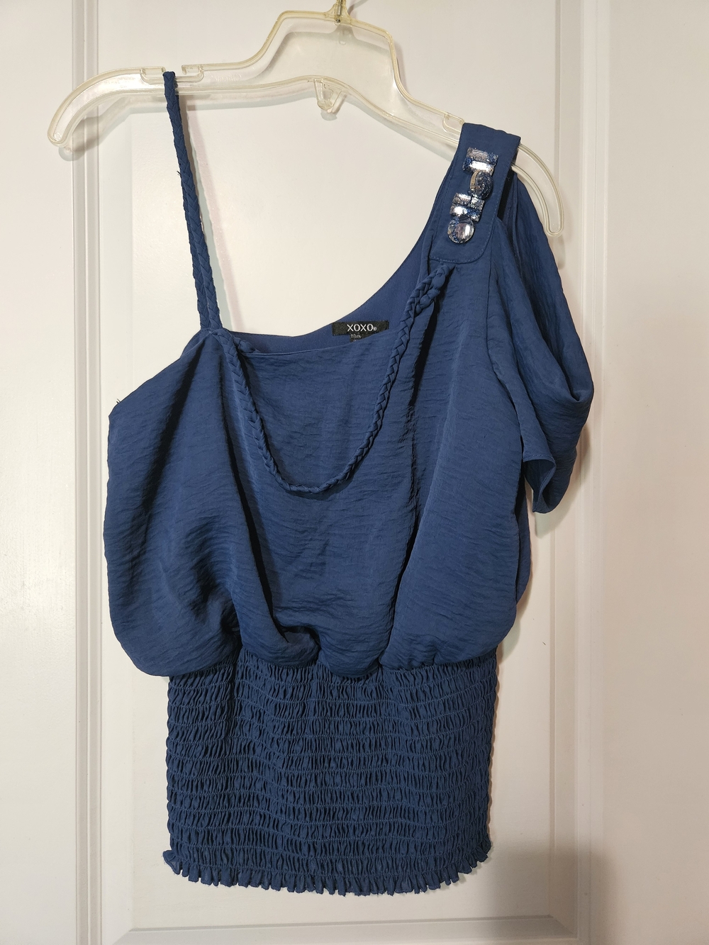 XOXO Navy Blue One-Shoulder Smocked-Hem Dress with Braided Strap